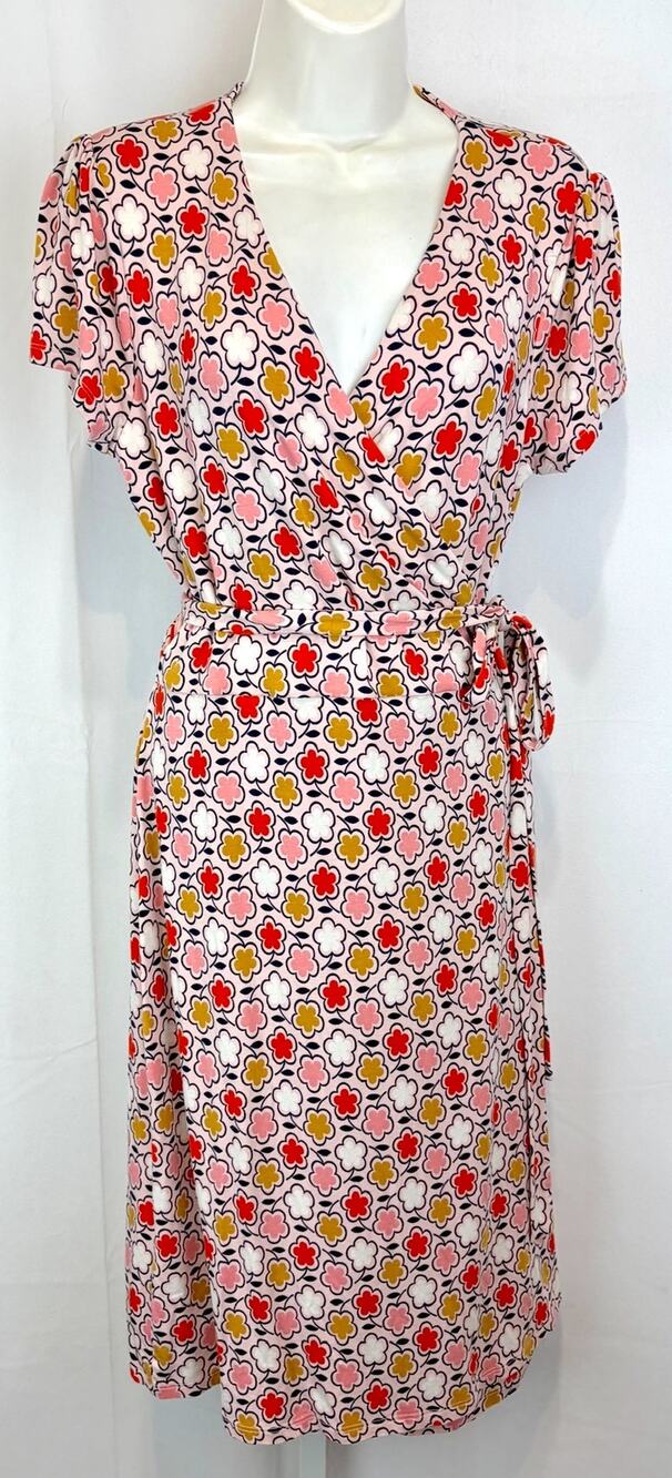 BODEN Summer Wrap Dress Short Sleeve Tie J0183 Geometric Pink Multi UK 16 US 12